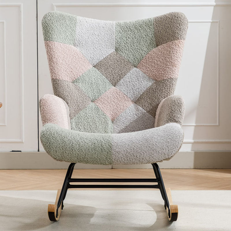 Patchwork Fabric Accent Chair with Wood Armrests