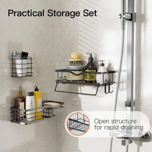 Rustproof Stainless Steel Shower Caddy Set with Hooks