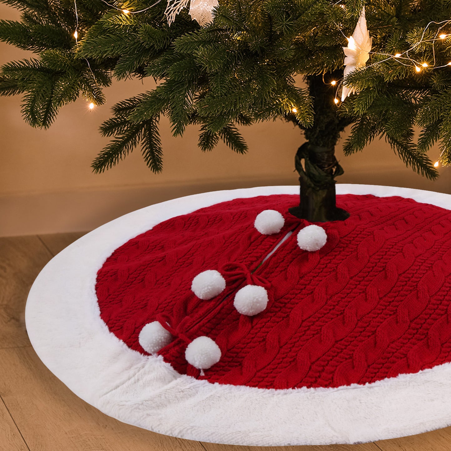 Christmas Tree Skirt White Pompon Knitted Bottom Apron Shawl