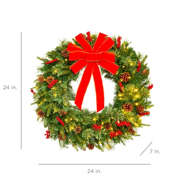 24 Inch Christmas Wreath | Pre-Lit Battery Powered Wreath w/ 70 LED Lights & Ribbons
