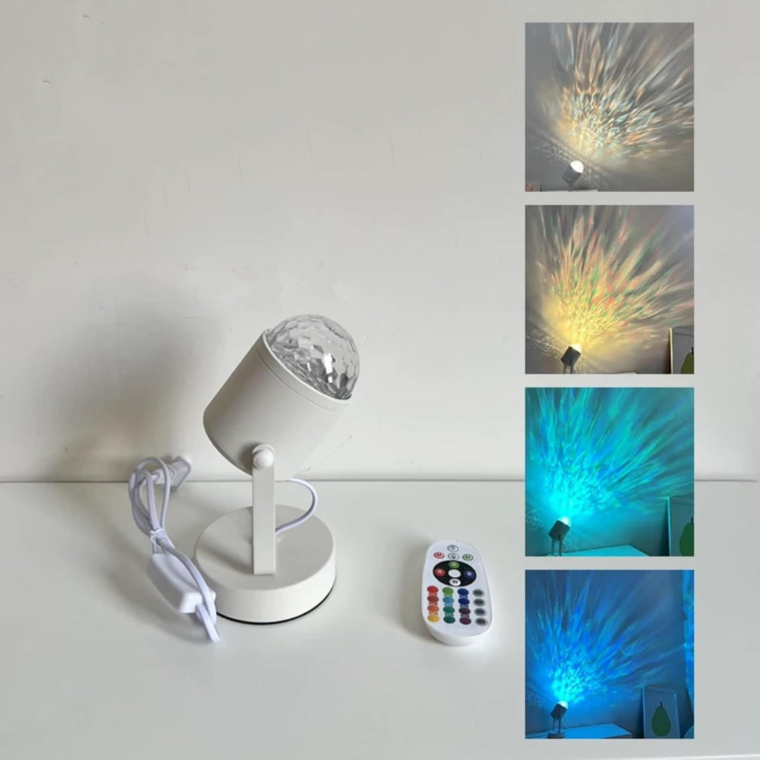 White spotlight with remote control and light effect images on a white background