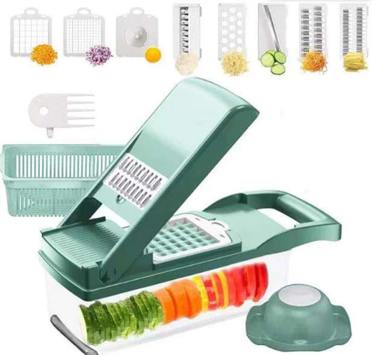 Green all in one manual vegetable slicer set pieces laid out