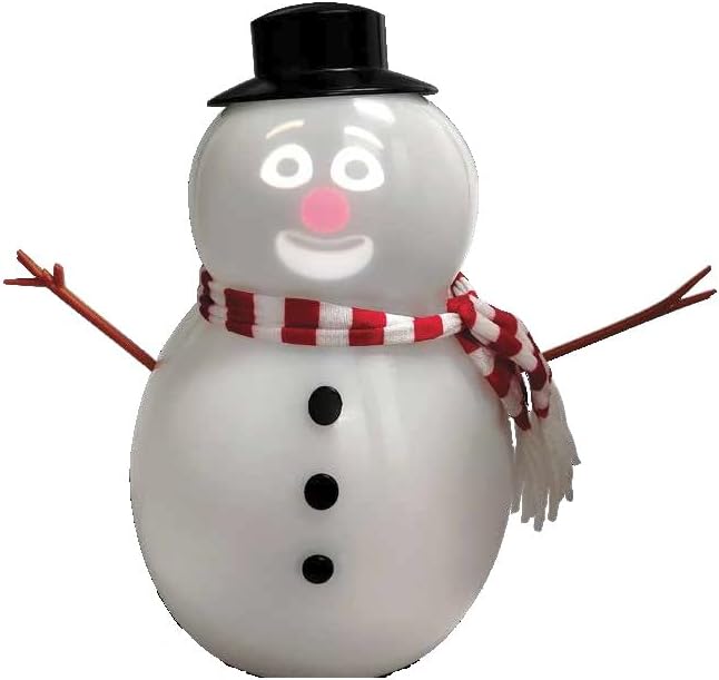 Snowman figurine with a black top hat, red and white striped scarf, and carrot nose on a white background