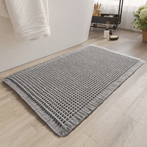 Non-slip bathroom door carpet in minimalist gray microfiber waffle texture
