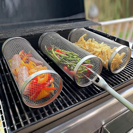 BBQ grill basket net grilling vegetables on outdoor grill