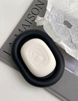 Matte black bathroom storage tray shown at 9.4x5.1 inch size beside a soap pump