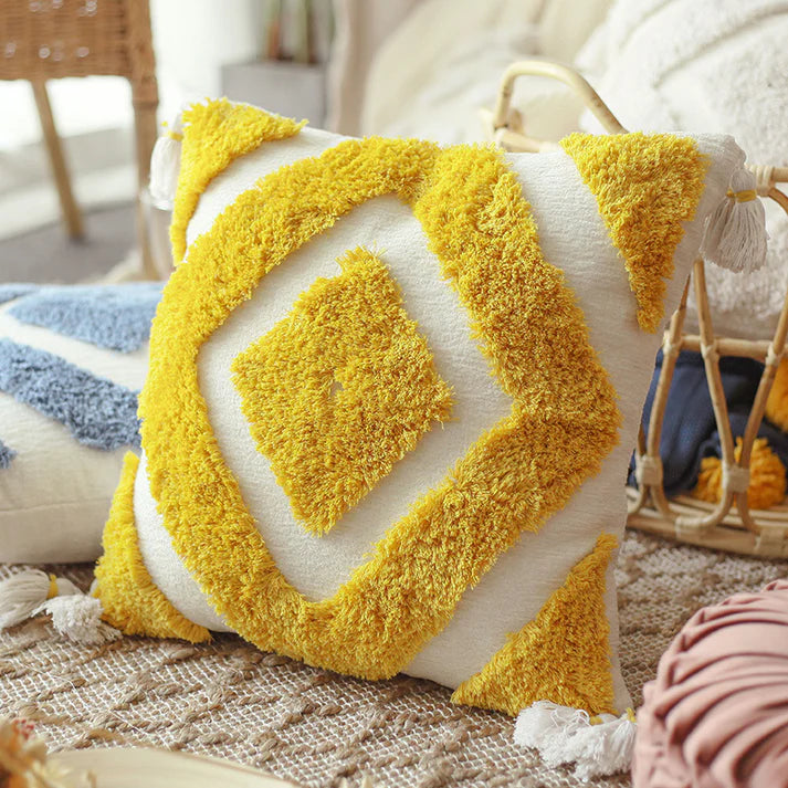 Ivory boho tufted pillow cover with chenille texture