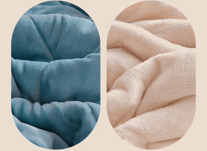 Coral fleece blanket folded showing size options