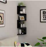 White 5-layer corner wall lattice shelf mounted in a bedroom corner with small decor items
