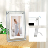 Side view of ultra-clear acrylic digital photo frame showing thickness
