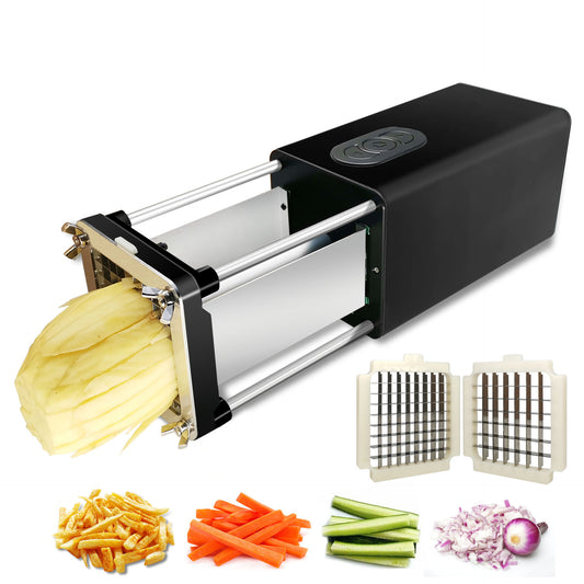 Black electric french fry cutter with sliced potatoes and vegetables