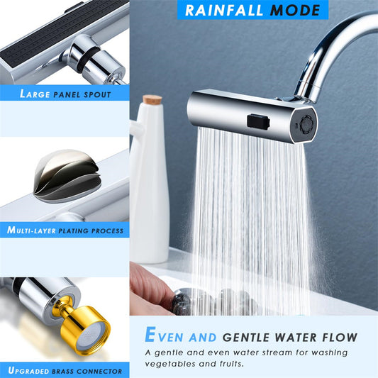 Kitchen faucet nozzle showing waterfall water flow mode