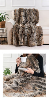 Faux fur throw blanket size reference showing 100x150cm and 150x200cm dimensions