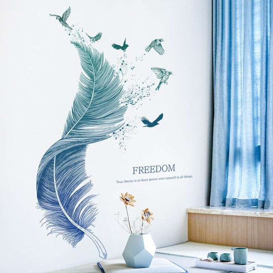 Blue teal feather wall sticker with birds flying in modern room