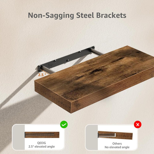Three piece floating wood shelf set arranged at different heights on a living room wall
