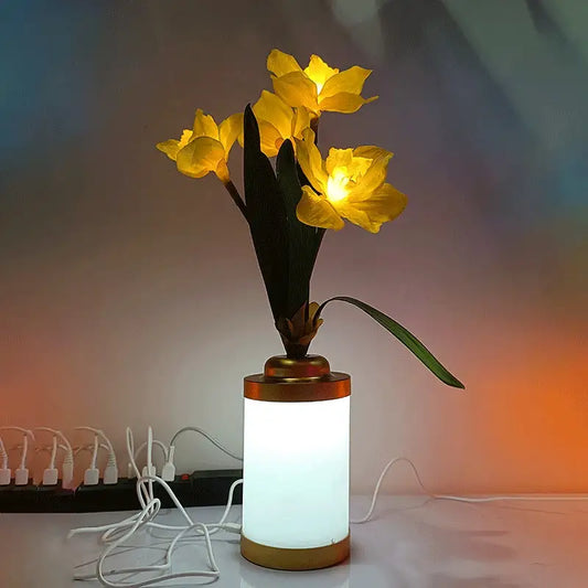 Yellow flower vase USB lamp on bedroom nightstand