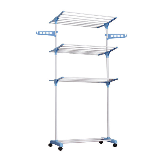 White folding drying rack with clothes in bedroom setting