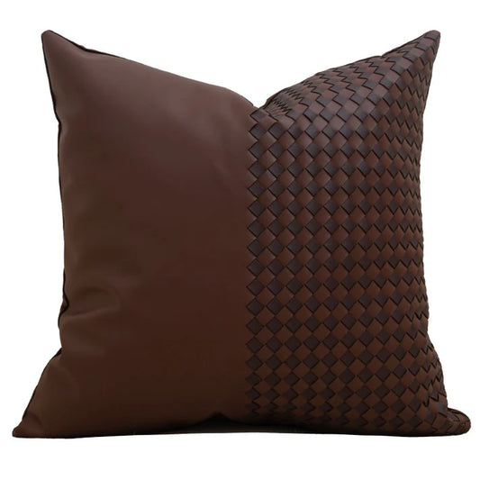 Brown geometric cushion cover with knotted texture detail