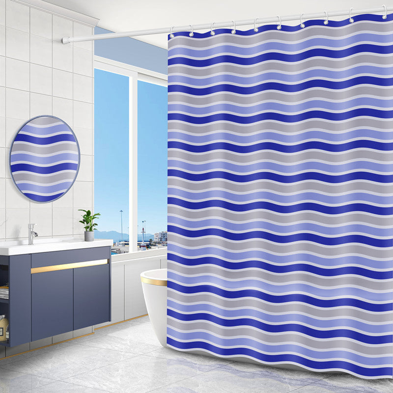Eco friendly PEVA material label on the geometric shower curtain showing no chlorine content
