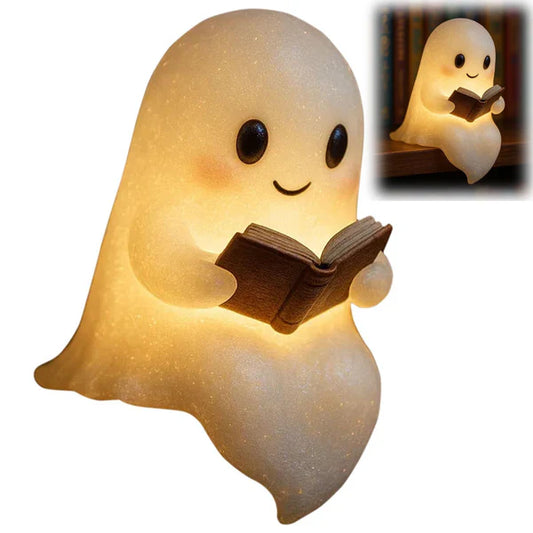 Close-up of ghost LED night light showing face detail and soft glowing effect