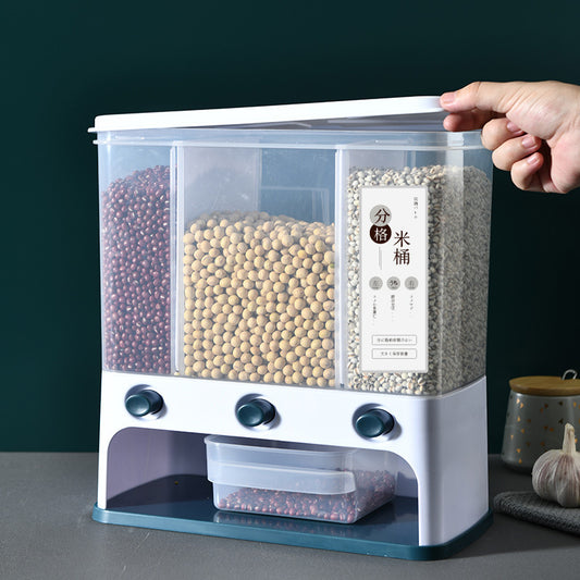 Multiple grain dispensers mounted together on wall