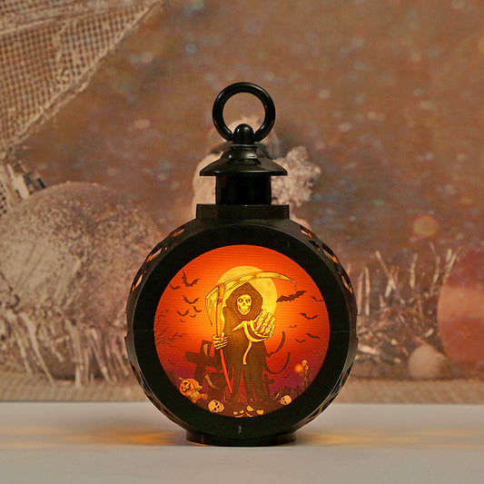 Halloween round portable night lamp pumpkin design close up yellow glow