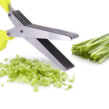 Stainless steel multi layer herb cutting scissors green handle close up