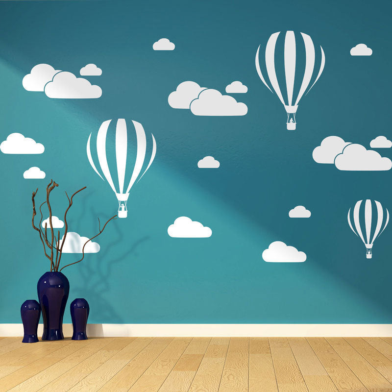 Hot air balloon cloud wall stickers in kids bedroom blue wall