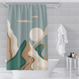 Soft gray Morandi art shower curtain in a modern bathroom with stone tile flooring