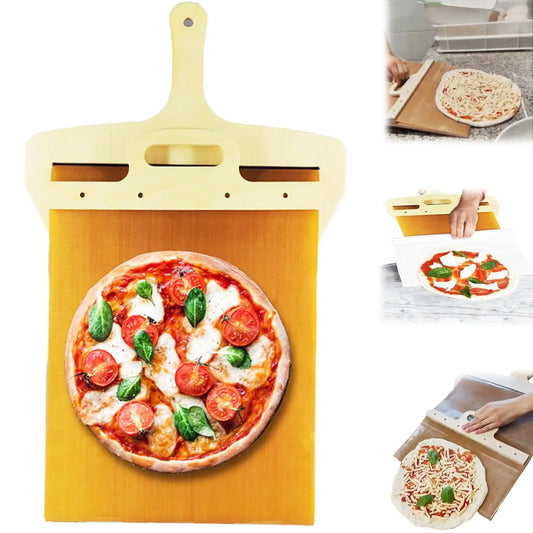 Pizza transfer board showing non stick surface and handle