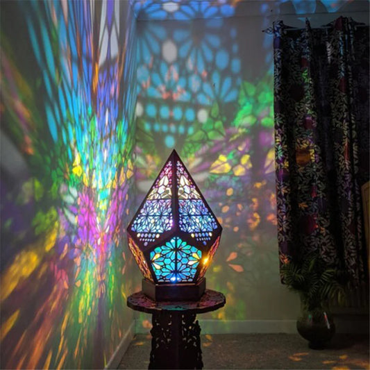 Moon and stars projection lamp casting colorful light patterns