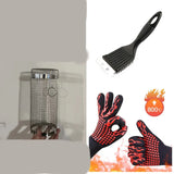 Round BBQ grill basket net with heat resistant gloves and brush set
