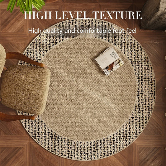 Round living room carpet in browny color top view showing woven texture detail