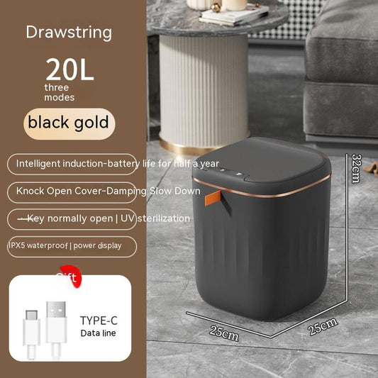 Smart touchless trash can in black gold with UV deodorizer