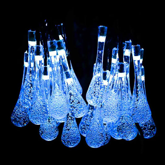Solar fairy string lights blue crystal water drop full view