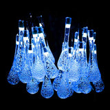 Solar crystal water drop string lights blue LED close up