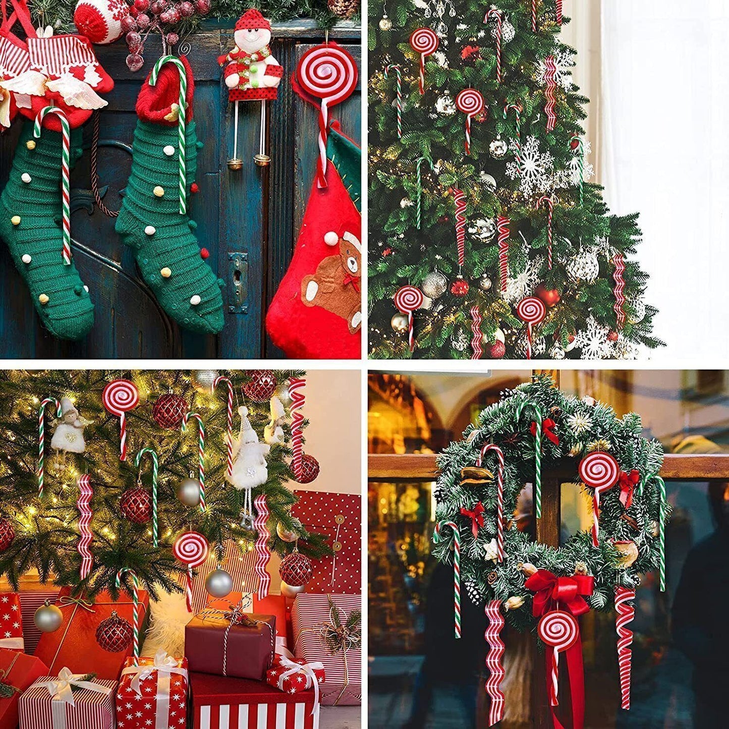 Splendas Christmas candy cane decoration pendants in full festive tree setup display