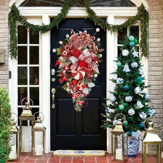 Close up detail of Splendas Christmas wreath with candy cane and upside down tree design