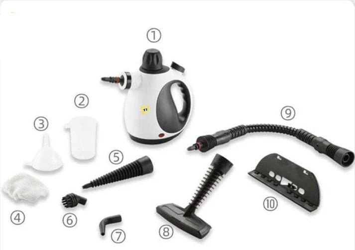 Steam cleaner complete set with all 9 attachment heads displayed