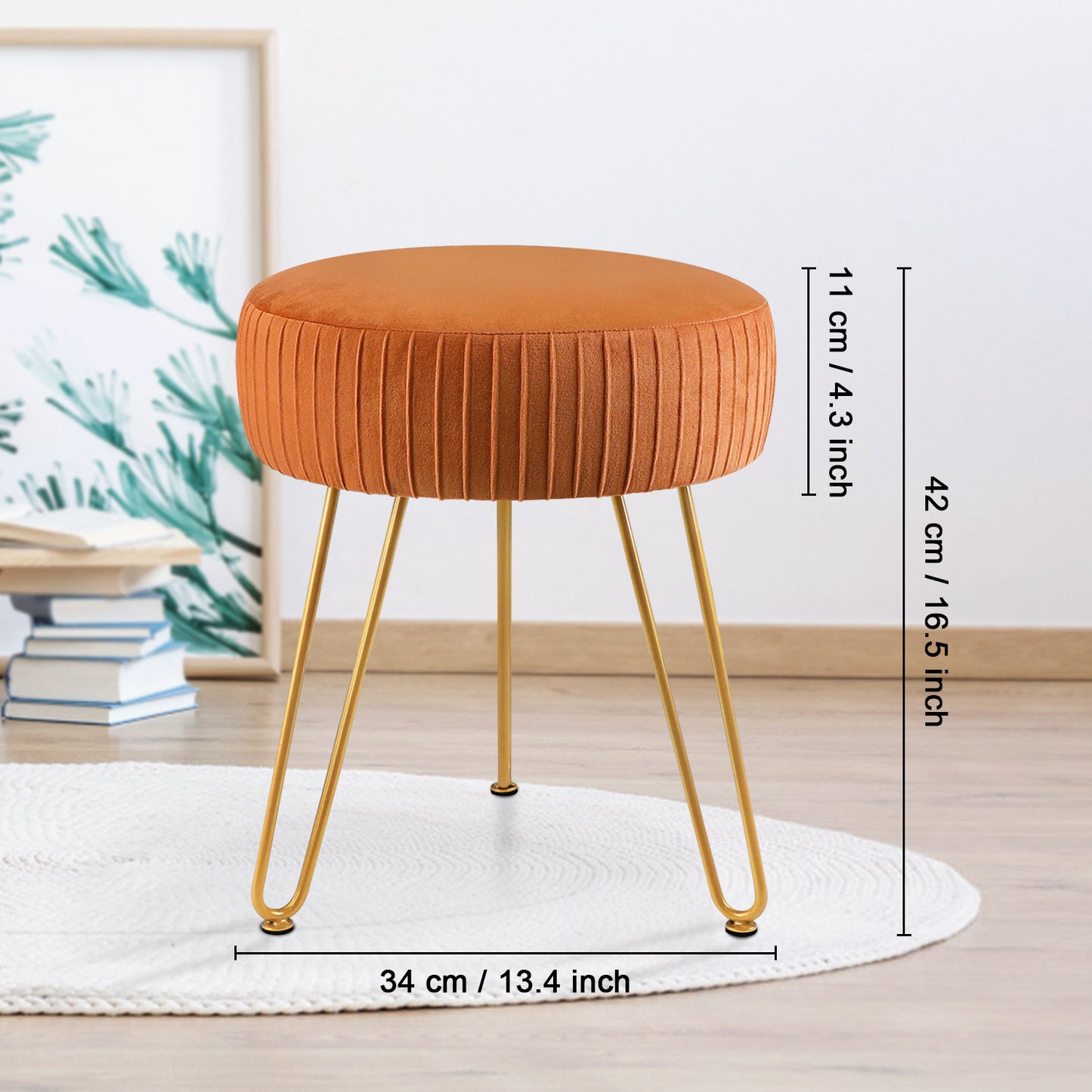 Striped metal footstool placed beside an accent chair in a living room as a footrest