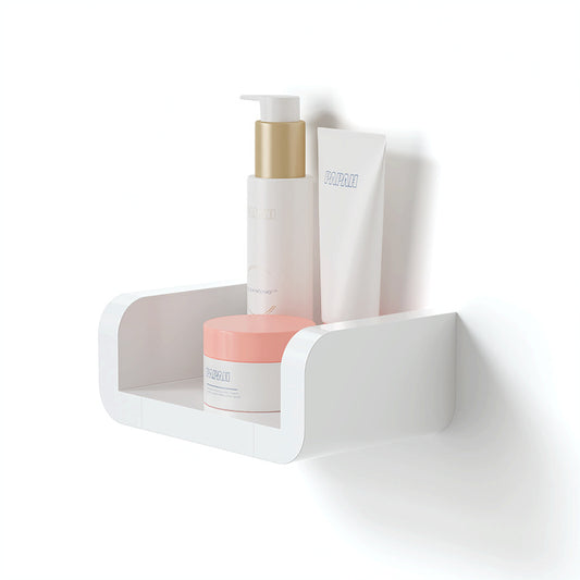 Suction cup bathroom shelf holding toiletries