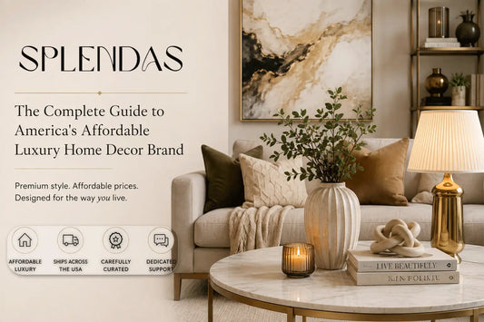 Splendas affordable luxury home decor brand — living room with sofa, marble table, and lamp