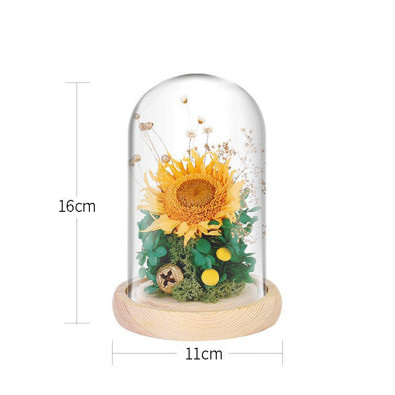 Eternal Sunflower in Glass Dome, Artificial Flower Preserved Fresh Flower Light Decoration Gift Box