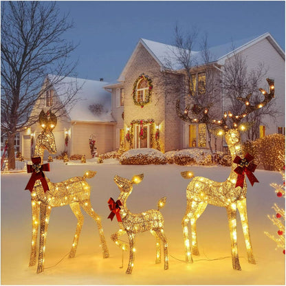 3-Piece Large Lighted Christmas Deer Family Set for Outdoor Yard Holiday Christmas Decor w/ 210 LED Lights, Stakes, Zip Ties Secured Gold