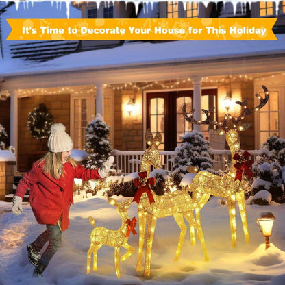 3-Piece Large Lighted Christmas Deer Family Set for Outdoor Yard Holiday Christmas Decor w/ 210 LED Lights, Stakes, Zip Ties Secured Gold