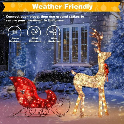 3-Piece Large Lighted Christmas Deer Family Set for Outdoor Yard Holiday Christmas Decor w/ 210 LED Lights, Stakes, Zip Ties Secured Gold