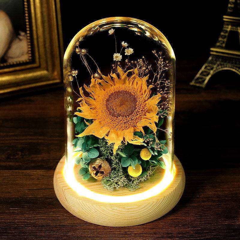 Eternal Sunflower in Glass Dome, Artificial Flower Preserved Fresh Flower Light Decoration Gift Box