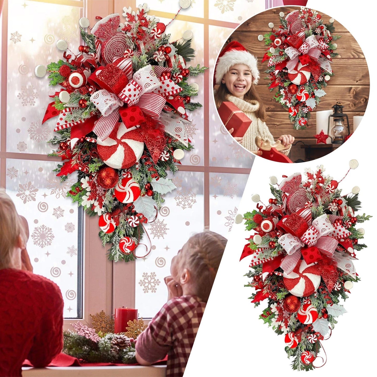 Christmas Candy Cane Swag Door Hanging Upside Down Tree Artificial Wreath Door Pendant Handmade Festival Theme for Wall Door Home Decoration