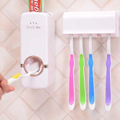 Wall Mounted Toothpaste Dispenser Holder With 5 pcs Toothbrush Holder