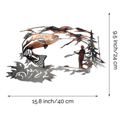 Mallard Hunting & Trout Fishing Scene Metal Wall Art Animal Shape Wall Decal Vivid Decoration